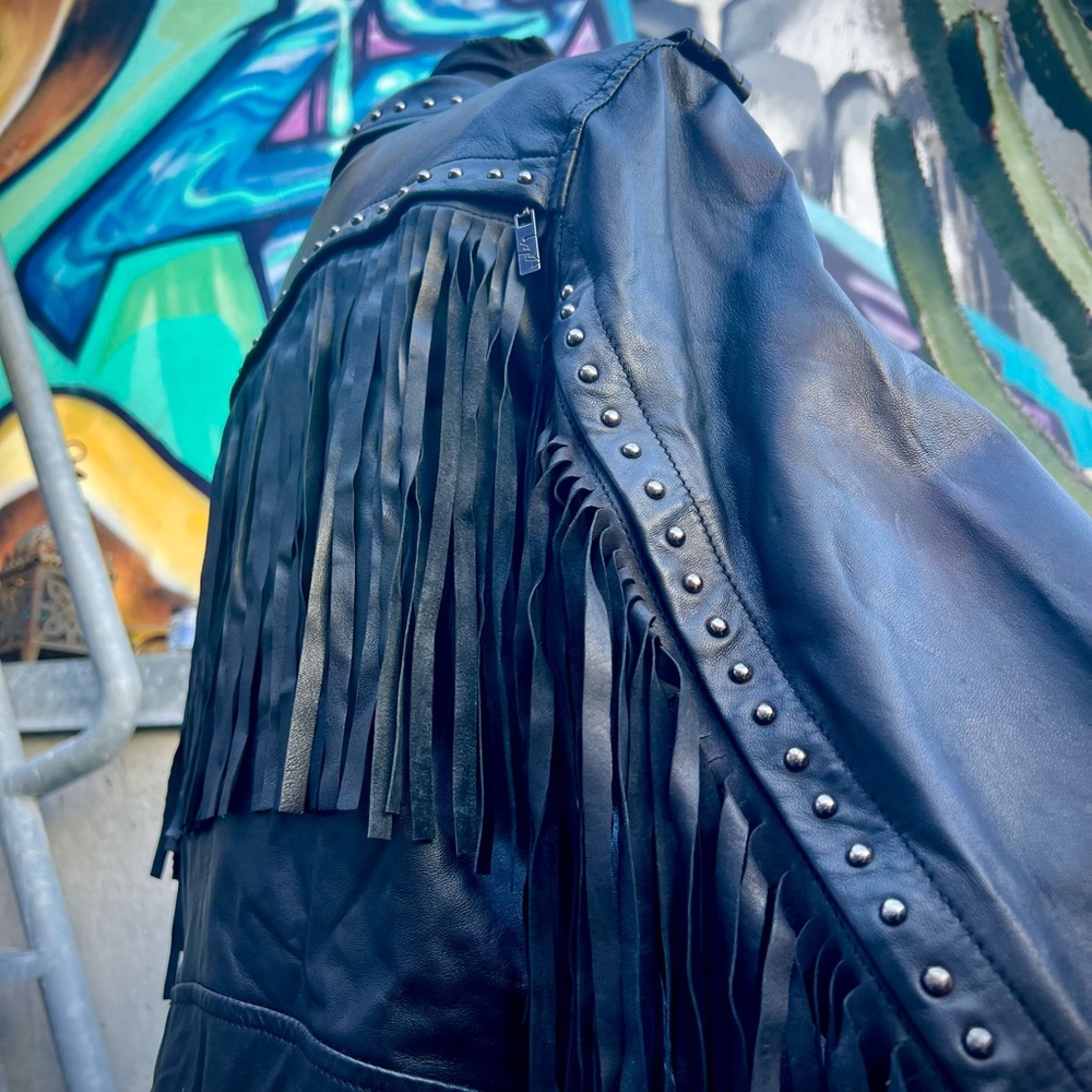 Leather Fringe Studded Motorcycle Jacket with Removable Fringe - Picture 9 of 17